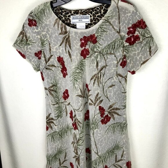 Vintage 90s Jessica Howard Petite Sheer Floral & Leopard Print Shift Dress, size - Picture 2 of 5